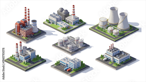 Isometric collection of industrial factories on a clean background. Vector illustration