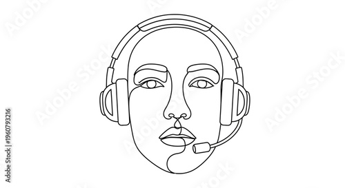 Minimalist Line Art of a Face Wearing Headphones with Microphone
