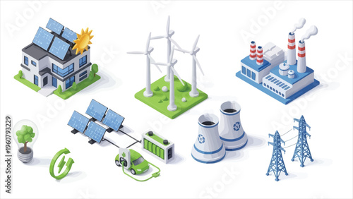 Isometric eco system with electric and clean gas stations, solar panels for a smart energy house, eco lifestyle, and environmental protection, featuring flawless vector icons