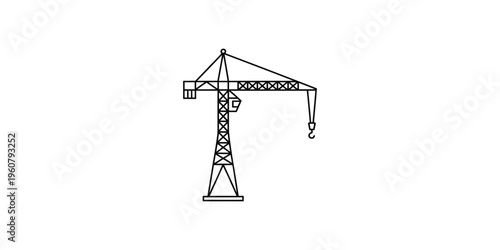 A black and white line art illustration of a construction tower crane icon on a white background.