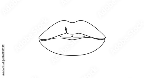 Minimalist line art of full lips with teeth showing, isolated on white background.