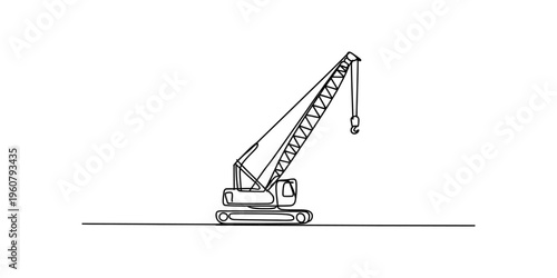 Continuous line drawing of a mobile crawler crane used for heavy lifting on construction sites.