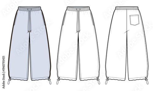 Wide-Leg Parachute Pants with Drawstring Waist and Adjustable Toggle Hem - Technical Illustration for Fashion Tech Pack Vector Flat