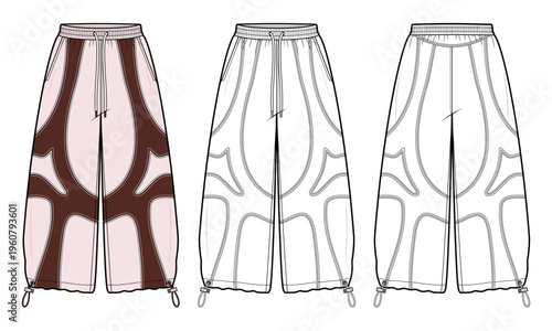 Curved Panelled Wide-Leg Pants with Drawstring Waistband and Adjustable Drawstring Hem - Technical Fashion Flat Sketch Vector Template