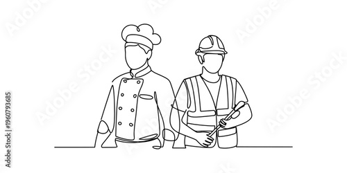 Continuous line drawing of a professional chef and a construction worker standing together