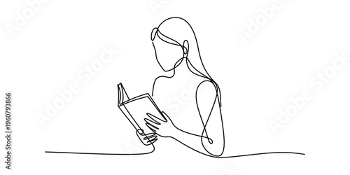 Continuous line drawing of a young woman absorbed in reading an open book on a white background.