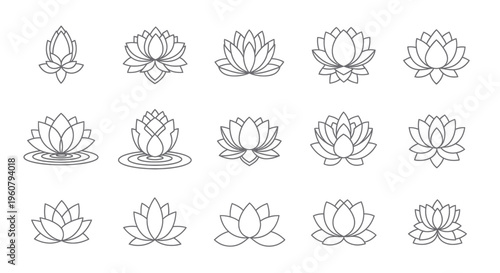 black and white outline icons of lotus flowers blooming, floating lotus, sacred Buddhist lotus symbolism, clean vector icons