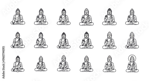 black and white outline icons of Buddha in meditation pose, lotus position, serene expression, spiritual Vesak theme, clean line vector icons
