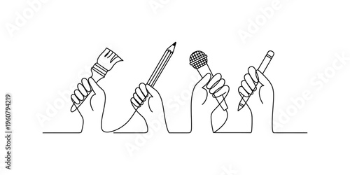 Continuous line drawing of hands holding a paintbrush, pencil, microphone, and pen for creativity