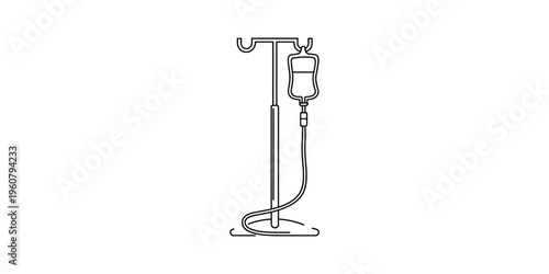 Minimalist line art illustration of a hospital intravenous drip stand with a saline bag.