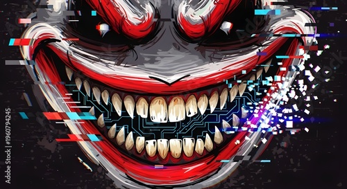 Horror Monster Face with Glitch Effects and Circuit Board Detail in Mouth