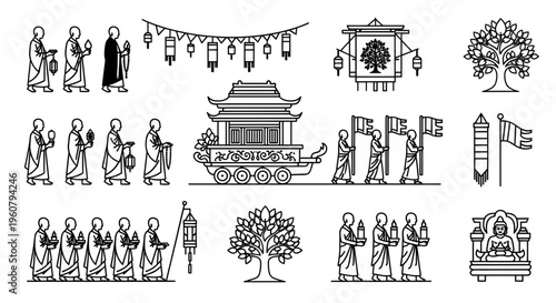 Black and white outline icons of Buddhist procession, monks walking, Vesak parade, cultural festival celebration vector icons