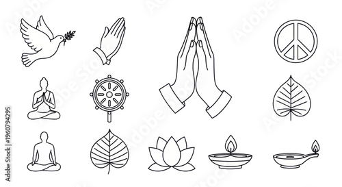 Black and white outline icons of peace doves, hands in prayer, peace symbols, Vesak spiritual peace theme vector icons