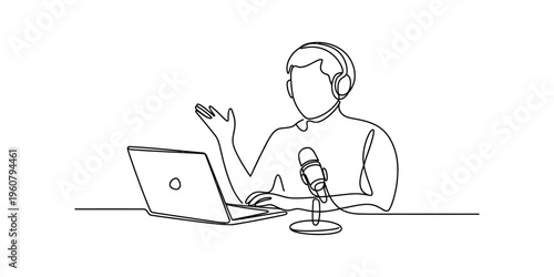 Continuous line drawing of a man wearing headphones and speaking into a microphone with a laptop.