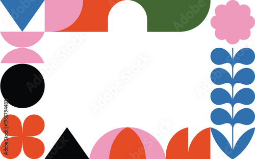 A whimsical graphic design composition featuring abstract geometric shapes and floral elements arranged in a playful frame