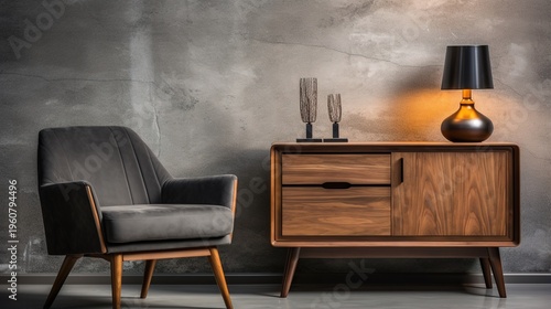 Modern Living Room with Wooden Sideboard and Gray Armchair
