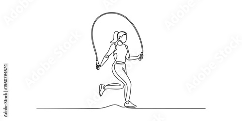Continuous line drawing of a young woman skipping rope for a healthy lifestyle.