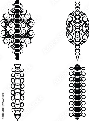 Set of four artistic spine tattoo designs featuring ornamental tribal patterns and anatomical spinal column silhouettes.