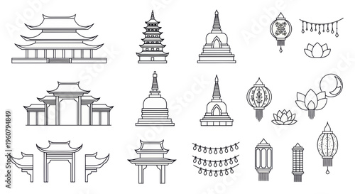 Buddhist Temple & Stupa Outline Icon Set – Vesak Festival Architecture Icons