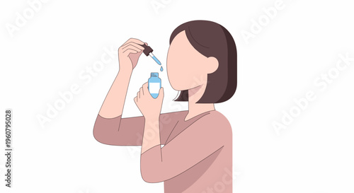 Woman Applying Skincare Serum with Dropper.