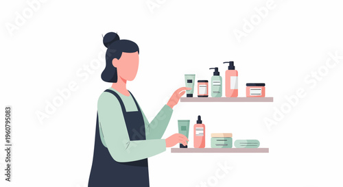 Woman Arranging Skincare Products on Shelves.