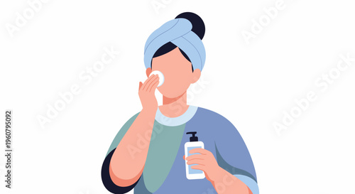Woman Cleansing Face with Cotton Pad and Lotion Bottle.