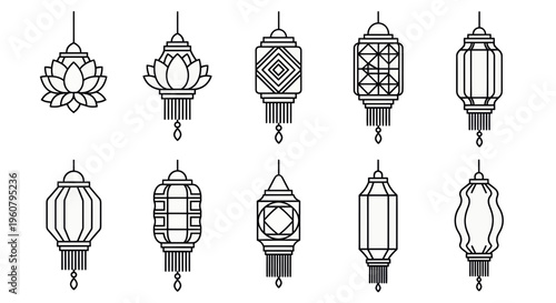 Vesak Lantern Festival Outline Icon Set – Black and White Buddhist Celebration Icons