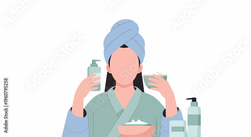 Woman in towel and robe holding skincare products.