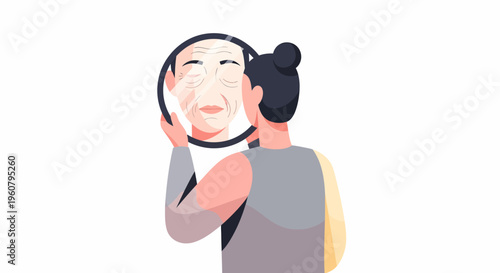 Woman Looking in Mirror Seeing Wrinkles.