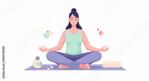 Woman Meditating in Lotus Pose with Yoga Accessories.