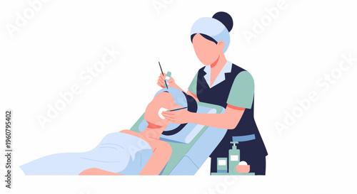Woman receiving facial treatment from beautician in beauty salon.