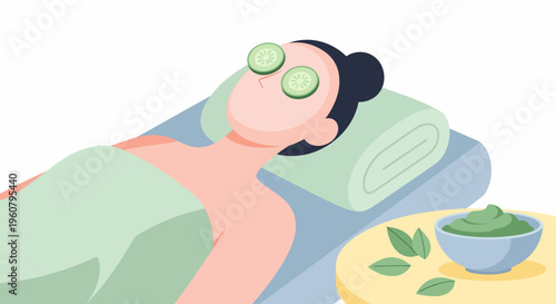 Woman Relaxing with Cucumber Slices on Eyes at Spa.