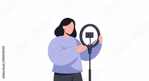 Woman setting up a ring light for video recording or photography.