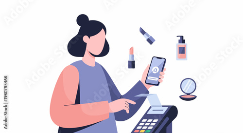 Woman shopping online for cosmetics using smartphone and payment terminal.