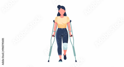 Woman with injured leg walking on crutches.