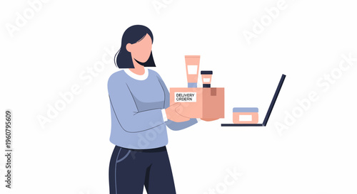 Woman with E-commerce Delivery Boxes and Laptop.
