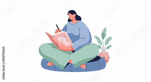 Woman Writing in Journal or Notebook Illustration.