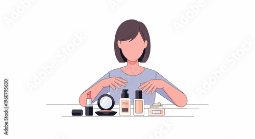 Woman with various cosmetic products on a table.