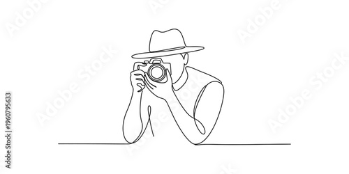 Continuous line drawing of a photographer wearing a hat while holding a professional camera