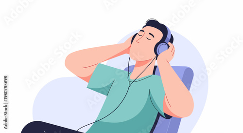 Young Man Enjoying Music with Headphones Relaxing.