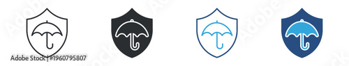 Insurance Protection icon set, Shield with Umbrella and Risk Coverage Icons, Vector Illustration