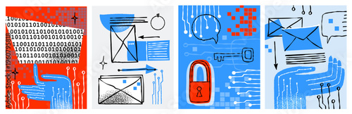 AI and future technology naive digital mind bold vector isolated cute illustrations of a robotic hand circuit board microchip key padlock cloud and email for sticker print and branding