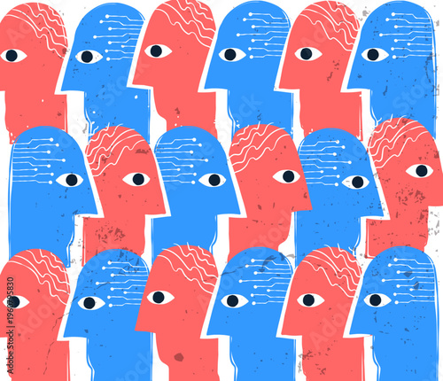 AI and human technology society naive digital interaction bold vector isolated cute illustration of people profiles robotic heads and circuit patterns for sticker print and branding