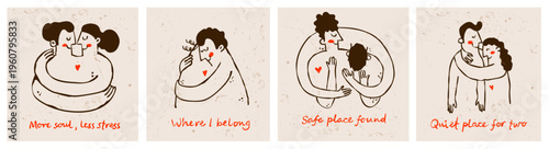 Love. Naive Sentimental Hugs Of Couples. Vector Bold Cute Illustrations And Quotes. Hugging Man And Woman. Illustrations Set On Textured Background For Greeting Card, Poster, Print