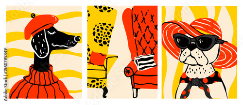 Dog fashion naive interiors bold vector isolated cute illustration of a black dog with a red beret white bulldog with sunglasses red and yellow armchairs for sticker print and branding
