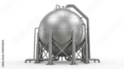 Industrial spherical metal storage tank with pipes isolated on a white background.