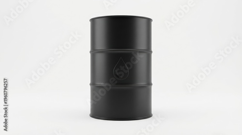 Matte black petroleum barrel with a droplet icon isolated on a white backdrop.