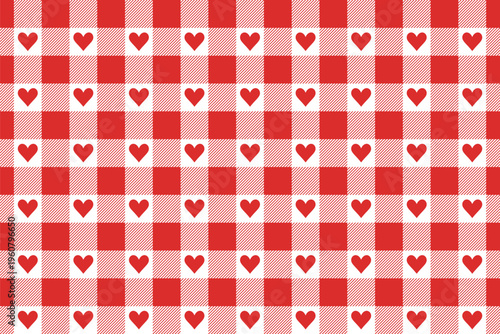 Red And White Vichy Background With Heart. Gingham Seamless Pattern. Valentines Day Print.