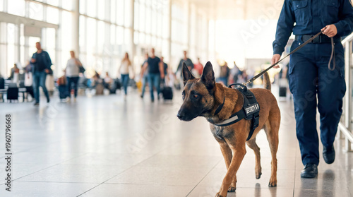 A dedicated security dog and its attentive handler navigate through a bustling airport terminal during daylight hours