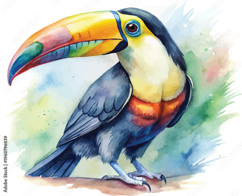 Naklejka premium Watercolor Toucan Illustration, Tropical Bird Clipart, vector isolated on white background